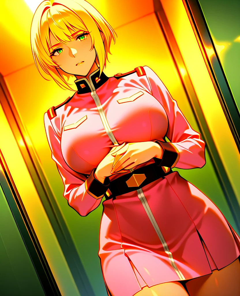、(masterpiece、Highest quality)、Highest quality, Ultra-high resolution, (((masterpiece))), alone, Sweat、Big eyes, Please show me your armpits, No sleeve、Outdoor、Floral dress、Composition from the front、(Cut the back hair short、short hair、blonde、woman)、Shortcuts、Embarrassed face、Cut your hair short、可愛いwomanの子、Big Breasts