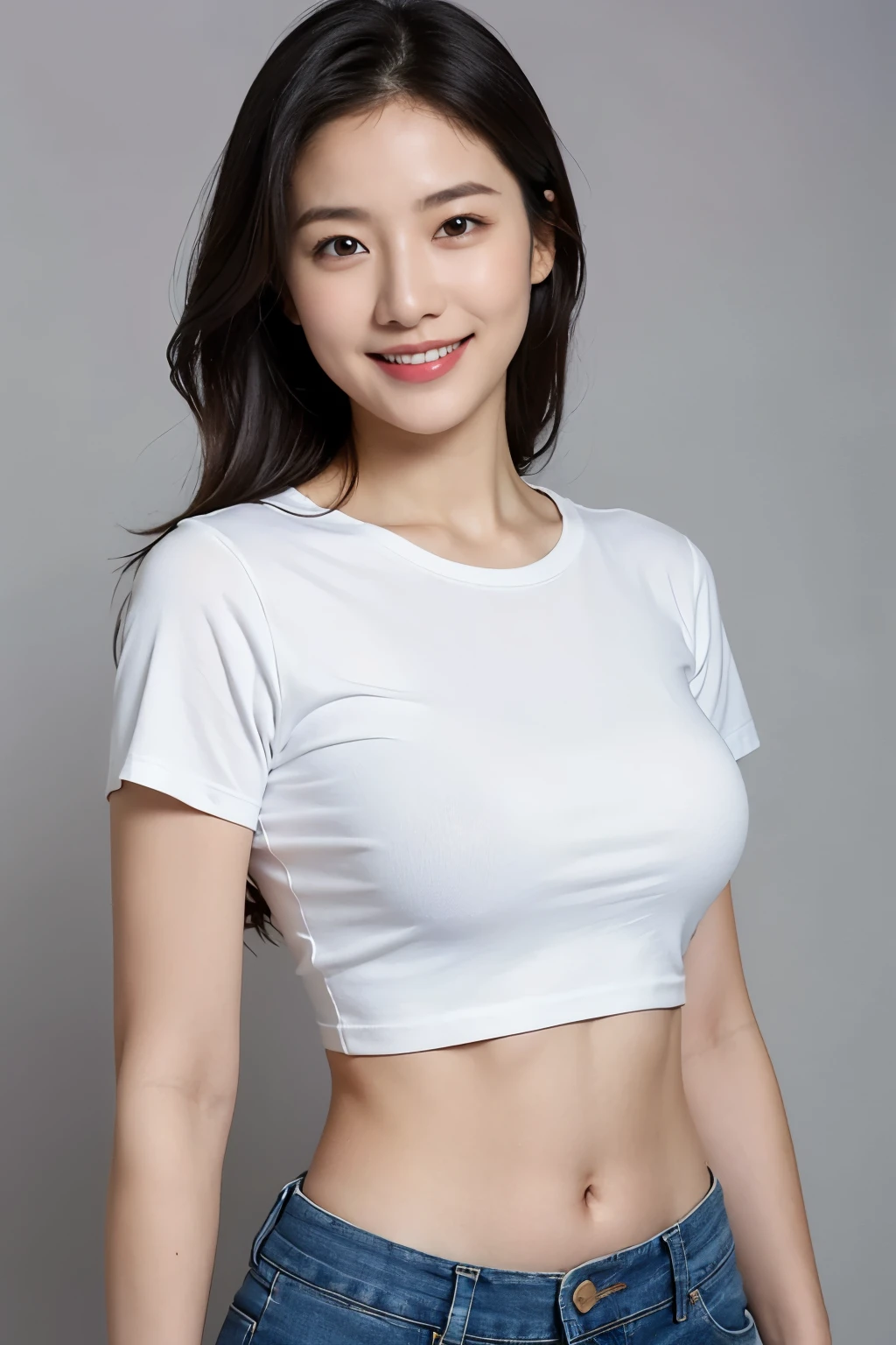 (realistic:1.2), solo, Asian woman, white t-shirt, tight shirt, crop top, midriff, navel, jeans, smile, gray background