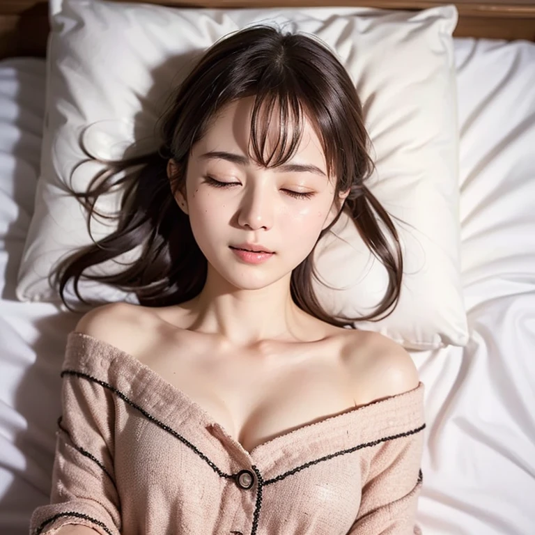 realistic figure, photogenic, middle length light brown hair, beautiful white-colored translucent skin, a little sunburned, medium build a little bit chubbily figure, face without make up, no makeup, sleeping, closed eyes, small mouth, mouth is slightly open, small nose, smooth shaped jawline, face and jaw pointing upwards, glossy face, flushed cheeks, alittle sweating, wearing pajamas, lying on own back on the bed and cuddling, room is dark, close-up shoot, angle looking down from above