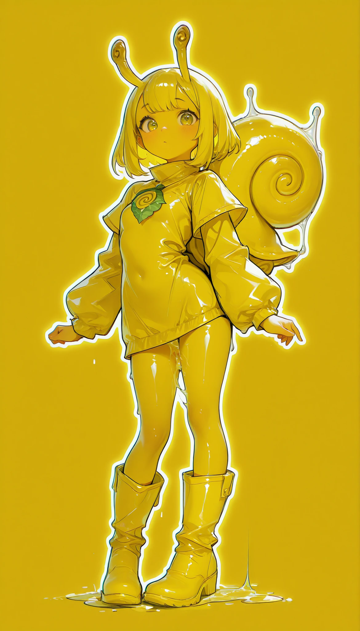 outline with chromatic aberration,delimited outline,contrasts ,Sketch of a snail girl, yellow boots ,baba,tree leaves flowing all over your body,snail lubricant,sticky