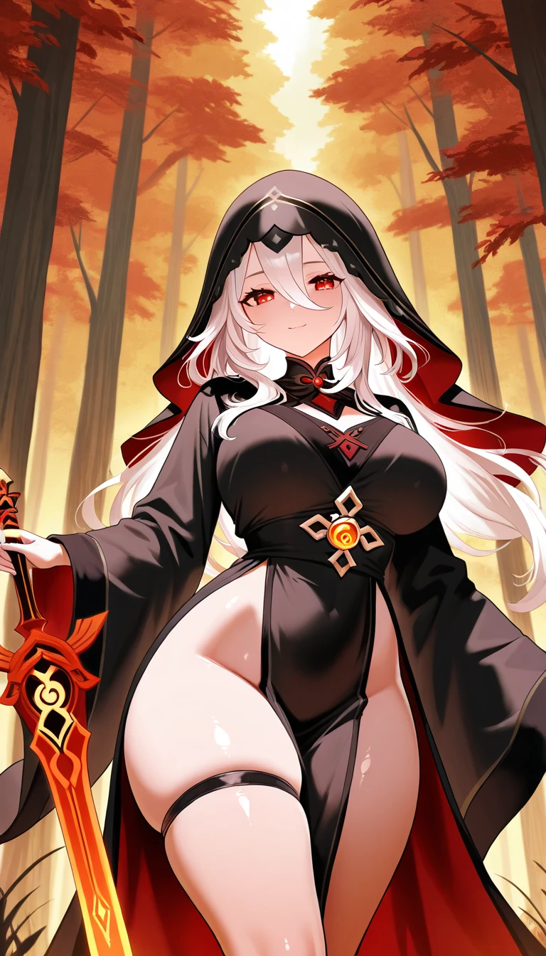 ((best quality)), ((masterpiece)), (detailed), perfect face, Slim female elven or human with long flowing white hair wearing outfit of Shuten Doji from Fate Grand order combined with a witches outfit with large hat, cloak hanging from shoulders, Long flowing hair, full body picture