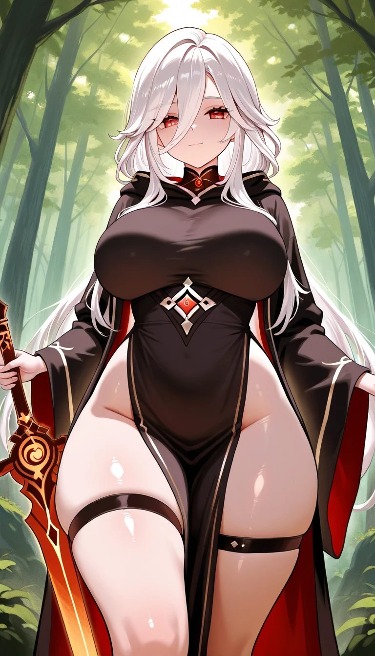 shalltear bloodfallen, Overlord character, She is an adult vampire, She is a tall woman, ((big woman:1.72)), Long silver hair, loose and slightly wavy, that cascades down her back with a sleek, voluminous appearance. Big red eyes that look seductive but still retain their characteristic shine.. Fair and slightly pale skin. She wears golden accessories with cross symbols. Figure with pronounced curves, big bust, narrow waist and wide hips. Dressed in a revealing thong swimsuit. The swimsuit is a transparent slingshot bikini, which barely covers her breasts and forms a thin strip between them, leaving her sides and back mostly exposed. long and thin legs. thick thighs. backwards, showing off her big, meaty butt (Big butt 1.99) She is dancing in the forest, baile sexy. Pole Dancing in the forest. pose sexy. Elevated Leg. standing split. El bikini slingshot enfatiza sus curvas y figura extremadamente voluptuosa con pechos mucho más grandes de lo normal y pierced nipples. Happy and confident expression, reflecting her energetic and playful personality with a touch of maturity. His expression is haughty and self-confident., with a seductive and playful smile. She has a voluptuous and well-proportioned figure., con un big bust y curvas acentuadas. He has a confident expression on his face., showing his characteristic seductive and elegant gesture. (masterpiece quality, High resolution, (giant breasts: 1.86), piercing (pierced nipples) looking at the viewer, Mischievous smile. She also wears fishnet stockings. Skull tattoos. tattoos all over the body(Tattoos on the breasts, Tattoos on thighs, tattoos on the butt). Golden high heels. Her expression is confident and seductive.. Front view. whole body. full body view. Elevated Leg hacia el cielo. Magical forest landscape.