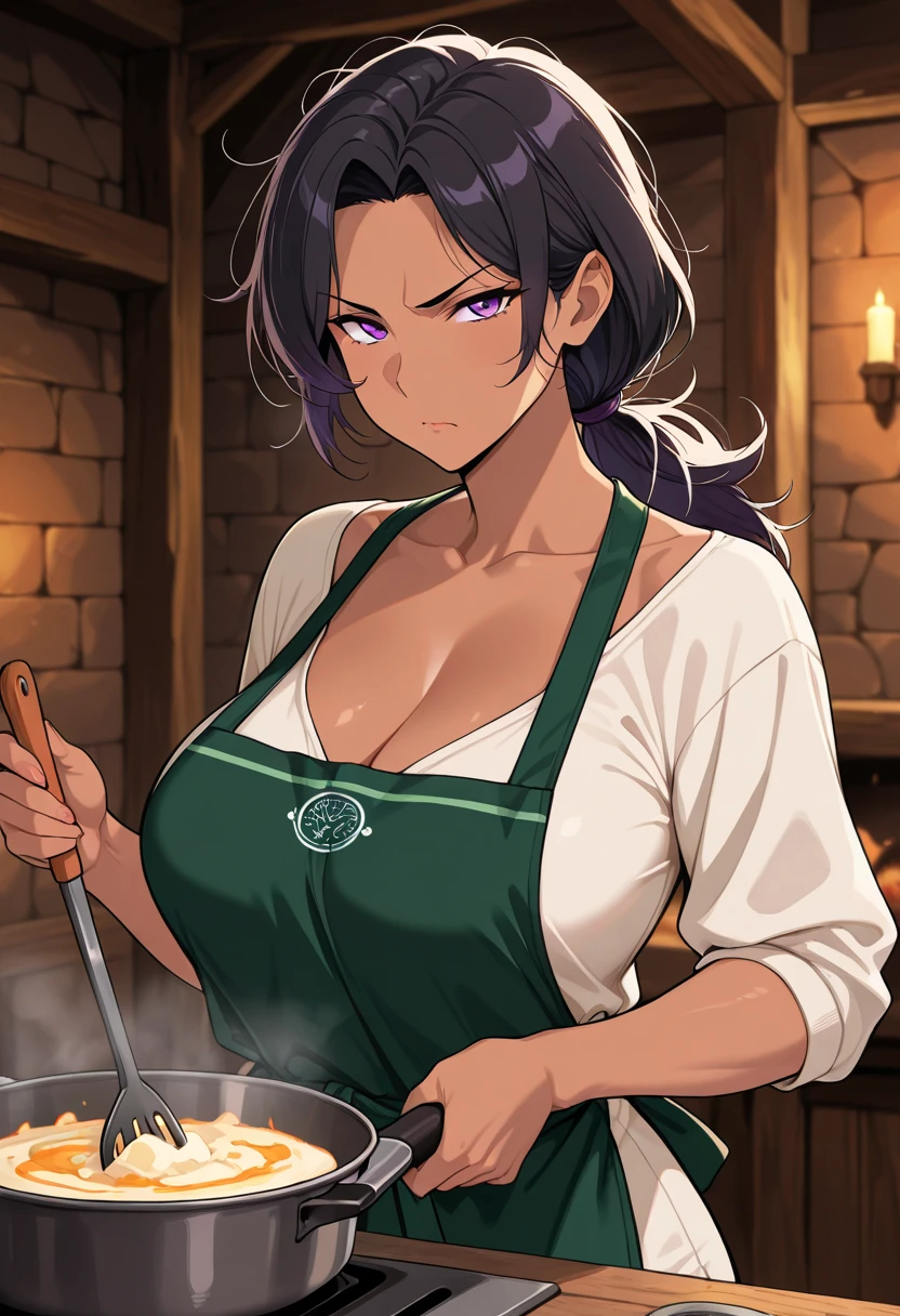 half-orc, Green skin, Female,Short medieval black hair,Naked,Wear an apron,Big breasts that expose the,shyexpression,Wrumble,In the smithy。