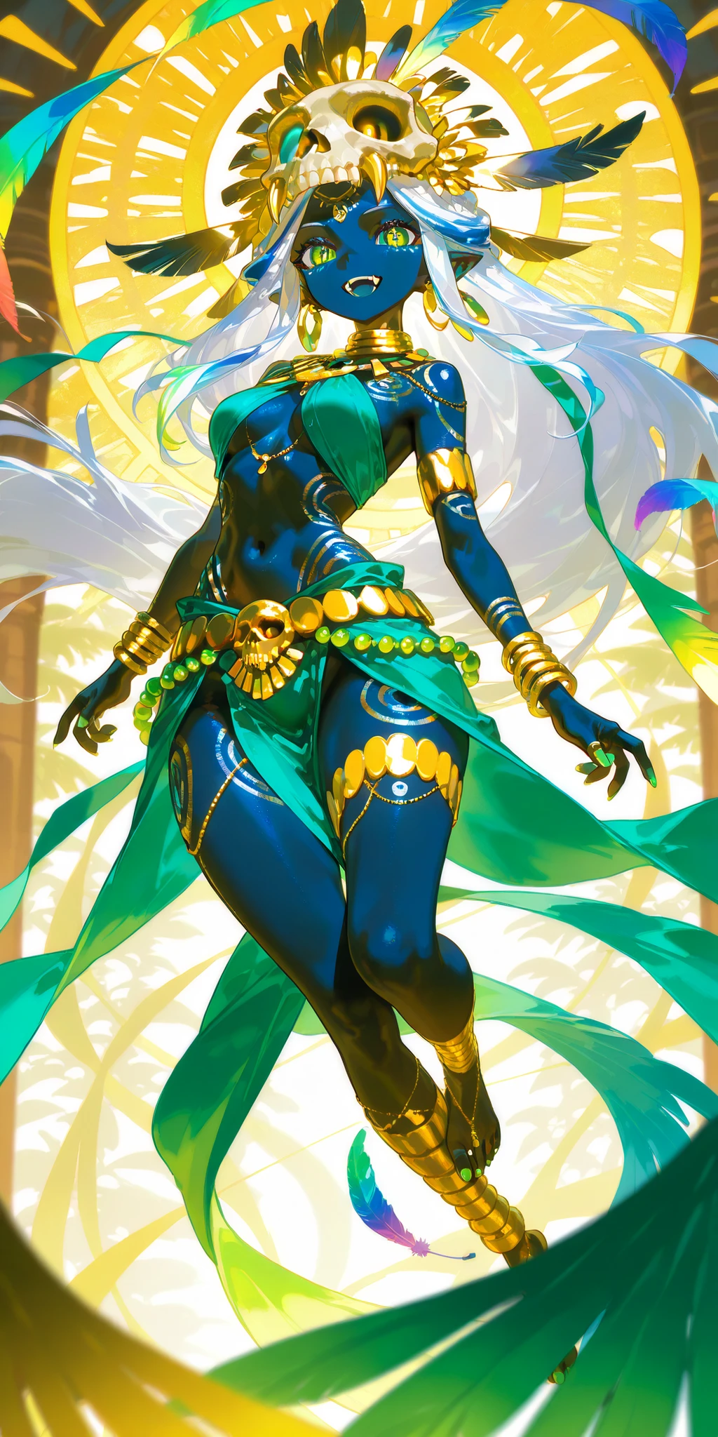 nature goddess, glowing green flowy hair, dark skin, casting a green leaves spell, plants on background, gold shiny halo, magical girl ((masterpiece, best quality, ultra-detailed, high-resolution)), solo, beautiful girl, gleaming eye, perfect eye, long embroidered dress with beads