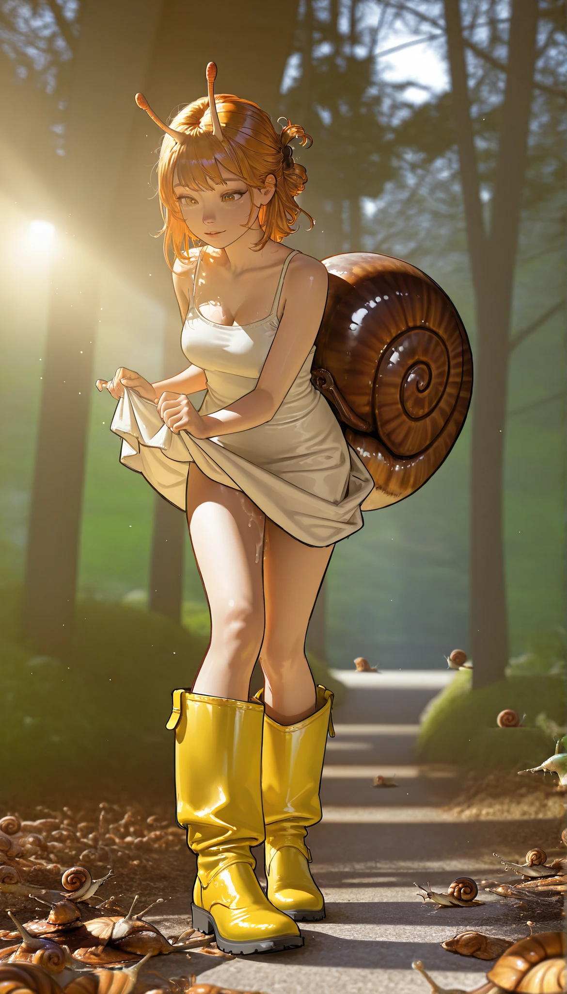 photorealistic, beautiful detailed eyes, detailed leather, detailed hair, volumetric lighting, Extremely detailed dapple, light particles, dramatic shadows, film lighting, photo background, depth of field,,Contour with chromatic aberration,delimited outline,contrasts ,Sketch of a snail girl, yellow boots ,baba,fluid all over your body,snail lubricant,sticky