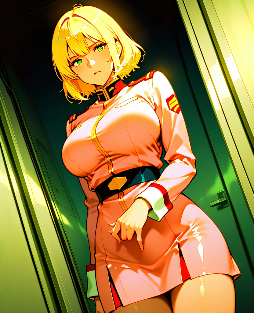 nsfw,general,high resolution, ULTRA DETAIL,extremely sophisticated,Highest Quality ,best arm,best eye,easynegative,
Dynamic Angle, Dutch Angle, (angle seen from the front:1.3)、
1 woman,watching viewers,spaceship, put hands on lower back, 
 Saila Mass,blonde_hair, short_hair, green_eye, huge_chest,(pink military uniform),(Sexy Poses:1.4)、(not wearing a skirt:1.4)、handjob,