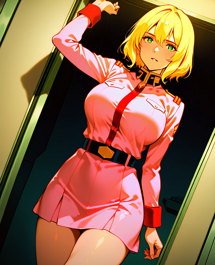 nsfw,general,high resolution, ULTRA DETAIL,extremely sophisticated,Highest Quality ,best arm,best eye,easynegative,
Dynamic Angle, Dutch Angle, (angle seen from the front:1.3)、
1 woman,watching viewers,spaceship, put hands on lower back,
Saila Mass,blonde_hair, short_hair, green_eye, huge_chest,(pink military uniform),(Sexy Poses:1.4)、(not wearing a skirt:1.4)、handjob,