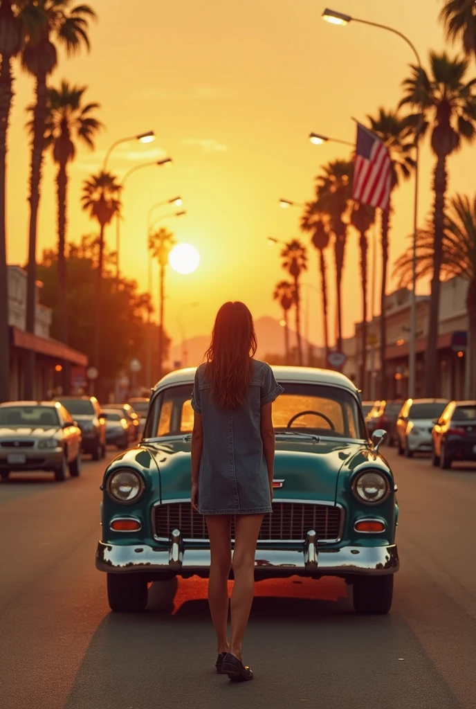 A quiet and nostalgic atmosphere created by classic cars and a quiet environment {x} A young woman Stand confidently in front of a classic car on a quiet street at sunset. and, with a pair of loafers. The warm light of the sunset painted the sky in bright orange and, projecting the gold-tone. The street is lined with tall lamp poles and palm trees, ，American flag that can be seen in the background, suggests spending a night in an American town. and the surrounding buildings, 的深色轮廓, Imagine the dark outline of the scene, and the woman standing under a bright sky, she was wearing a casual dress with short sleeves hidden in a denim dress.
