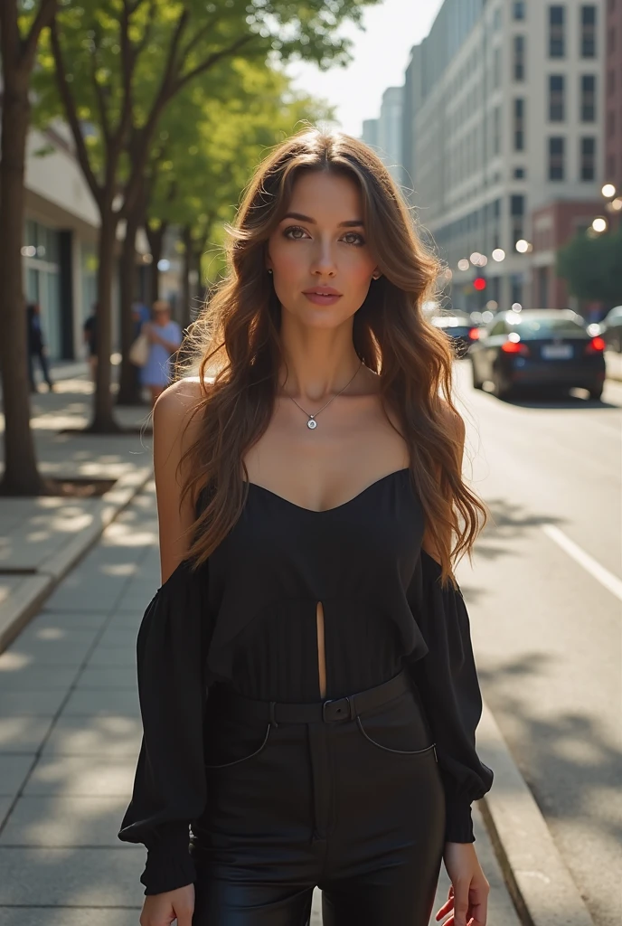 She wears a delicate necklace, a small pendant on the collarbone . Her long , the wavy hair cascades down from her shoulders , complements her sleek , The off-the-shoulder black . the piece exudes a subtle sheen , suggesting a smooth texture , , fits her elegantly . the trees cast soft shadows , indicating the position of the sun , adding a touch of sophistication to her casual look . the street is relatively empty , a young woman stands on a city street lined with trees and modern buildings {x} several people can be seen in the background , and there are a few parked cars . the lighting suggests it is daytime , in a contemporary urban setting . setting , Lighthearted atmosphere, capturing a sophisticated moment .