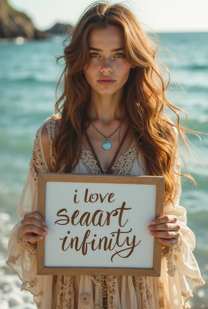 Beautiful girl with wavy long hair,Dressed in a bohemian style,Holding a whiteboard with the words "I Love SeaArt Infinity",and show the audience