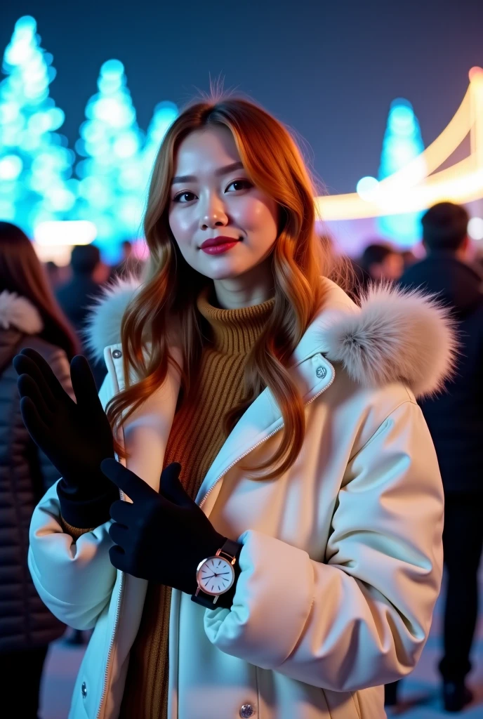 A young woman stands amid a crowd under a starlit sky creating a serene and festive atmosphere. She wears a voluminous white winter coat with fluffy fur trim over a warm brown sweater, combining comfort and style in her attire. Black gloves cover her hands, which gesture playfully. Her long, reddish-brown hair cascades down her shoulders, subtly reflecting the light. The scene is bustling with people, most of whom have their backs turned, engaged in conversation or observing the surroundings. The background features glowing blue lights reminiscent of an icy landscape or festive decorations. A large watch on her wrist adds a touch of modern elegance. The image conveys a chilly yet lively ambiance, typical of an outdoor winter event.