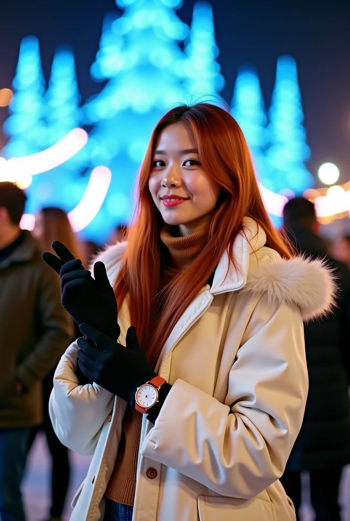 A young woman stands amid a crowd under a starlit sky creating a serene and festive atmosphere. She wears a voluminous white winter coat with fluffy fur trim over a warm brown sweater, combining comfort and style in her attire. Black gloves cover her hands, which gesture playfully. Her long, reddish-brown hair cascades down her shoulders, subtly reflecting the light. The scene is bustling with people, most of whom have their backs turned, engaged in conversation or observing the surroundings. The background features glowing blue lights reminiscent of an icy landscape or festive decorations. A large watch on her wrist adds a touch of modern elegance. The image conveys a chilly yet lively ambiance, typical of an outdoor winter event.