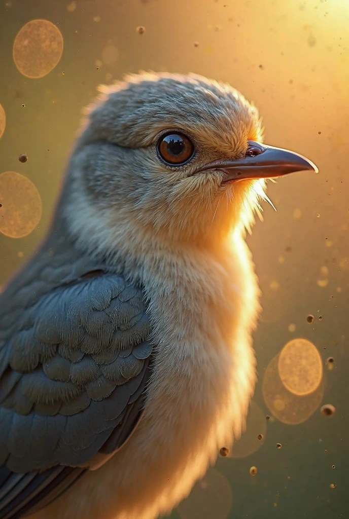 A mesmerizing close-up portrait of a gorgeous little bird illuminated by the soft, golden light of a tranquil morning, with vibrant bokeh balls gently framing its delicate form.