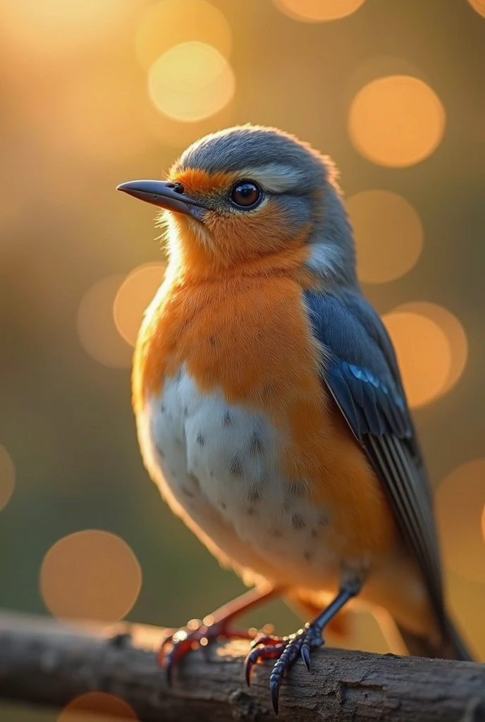 A mesmerizing close-up portrait of a gorgeous little bird illuminated by the soft, golden light of a tranquil morning, with vibrant bokeh balls gently framing its delicate form.