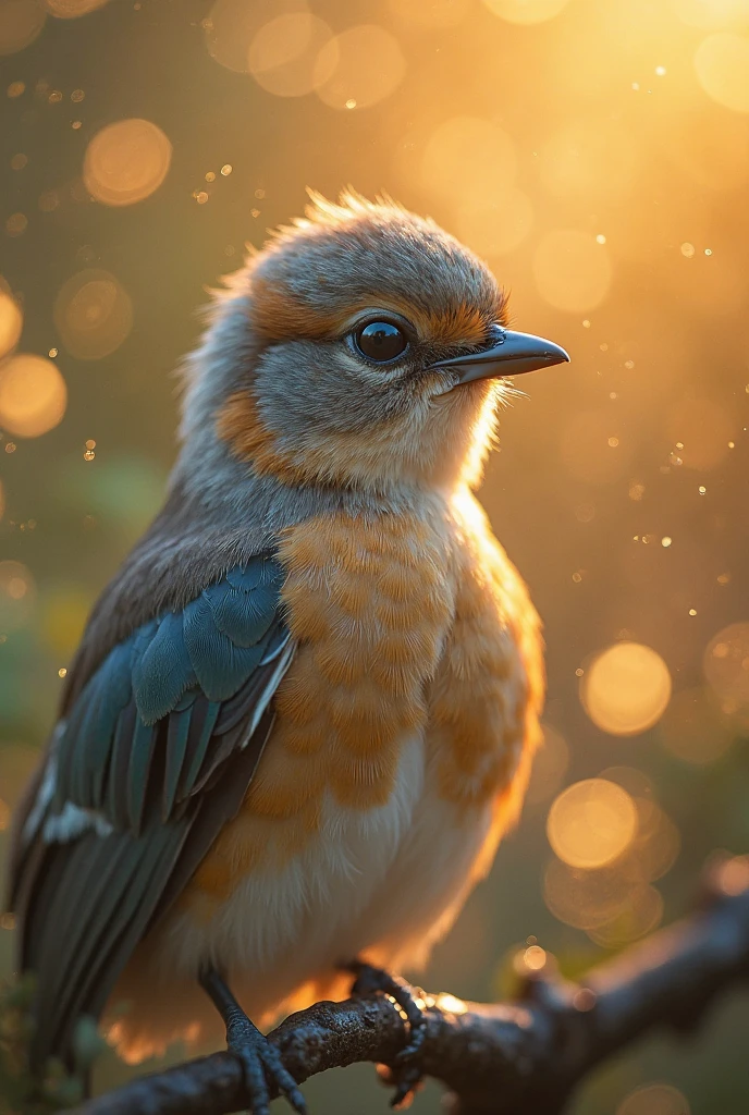A mesmerizing close-up portrait of a gorgeous little bird illuminated by the soft, golden light of a tranquil morning, with vibrant bokeh balls gently framing its delicate form.