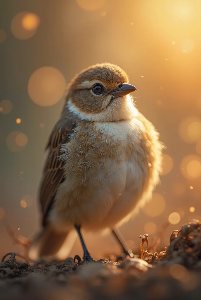 A mesmerizing close-up portrait of a gorgeous little bird illuminated by the soft, golden light of a tranquil morning, with vibrant bokeh balls gently framing its delicate form.