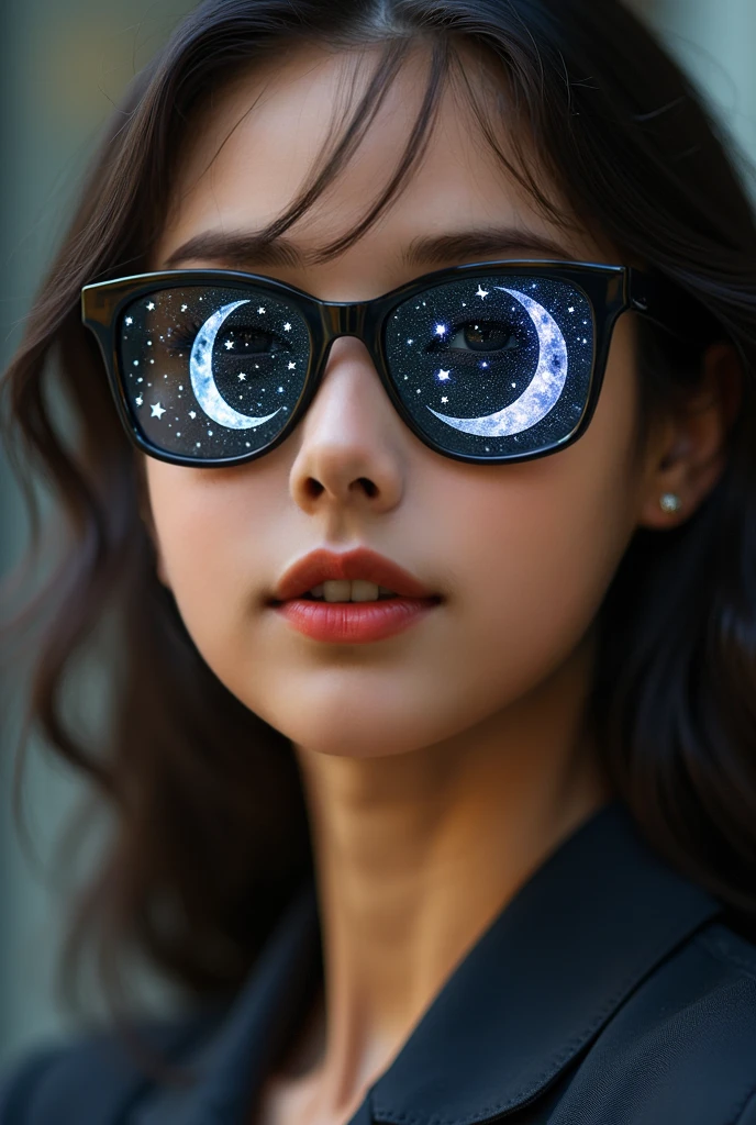 Model wearing glass sunglasses，There are stars and moon on the lens