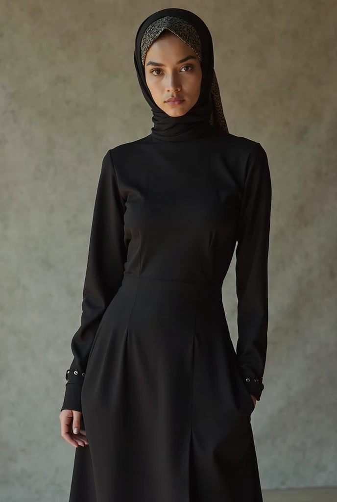 A young woman is standing indoors, to add a touch of detail. She is short, The dark color uses space with subtle prints A headscarf with a Lee pattern. Her dress is black, Fitted top，Unique stitching on the sleeve edge, to add a touch of detail to the outfit. Minimalist in her surroundings, uses a neutral palette, Creates a calm and peaceful atmosphere. the lighting is subdued, Cast soft shadows，Highlights the texture of the fabric she is wearing. The overall mood of the image is understated yet introverted, The image focuses on the simplicity and elegance of her appearance and a harmonious environment.