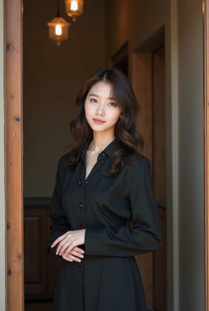 Arafat woman in a black top and black dress stands in front of the door, lee ji-eun, Shin Jin-hye , lee ji-eun, Cui Xianhua, young lovely Korean faces, Nam Jae-yeon, jiyun chae, seseon yoon, shin min jeong, ji-min, Beautiful young Korean woman, jin kim, kim hyun joo