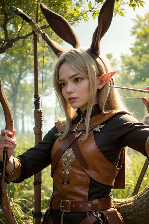 Long-eared elf,Stand on a tree,Look into the distance,,Arm injury,Armed with a bow and arrow,cabellos largos dorados,masterpiece