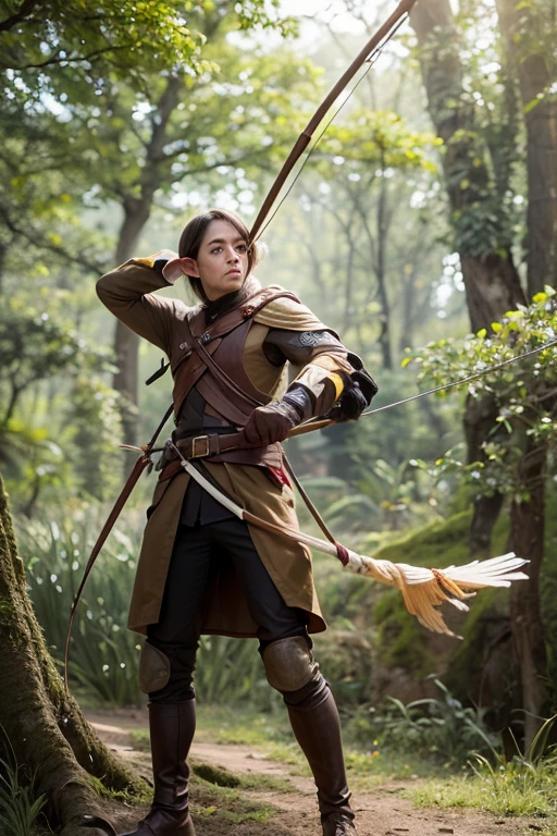 Long-eared elf，Stand on a tree，Look into the distance，，Arm injury，Armed with a bow and arrow，cabellos largos dorados，masterpiece
