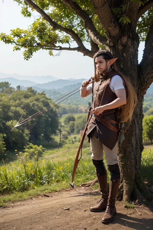 Long-eared elf,Stand on a tree,Look into the distance,,Arm injury,Armed with a bow and arrow,cabellos largos dorados,masterpiece