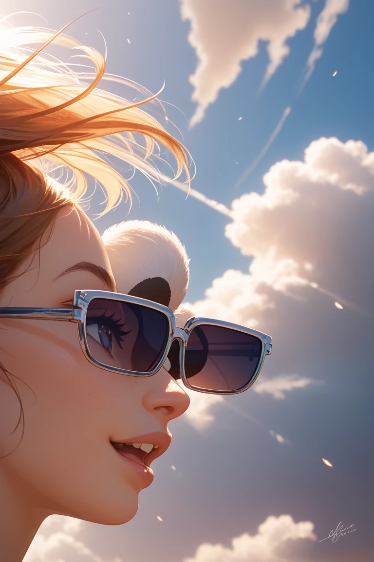 masterpiece, PremiumQuality, Movie Stills, a girl, floats in the air, ​​clouds女孩, ​​clouds, (close-up: 1.1), bright, happy, stas, soft lighting, (bauhause, shape, ligne, Abstract: 1.1), Panda Ears
