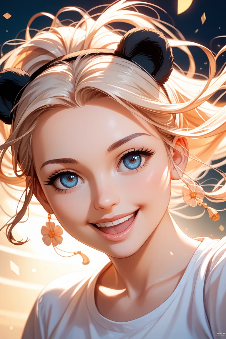 masterpiece, PremiumQuality, Stills, a girl, floats in the air, clouds女孩, clouds, (close-up: 1.1), bright, happy, stas, soft lighting, (bauhause, shape, ligne, Abstract: 1.1), Panda Ears
