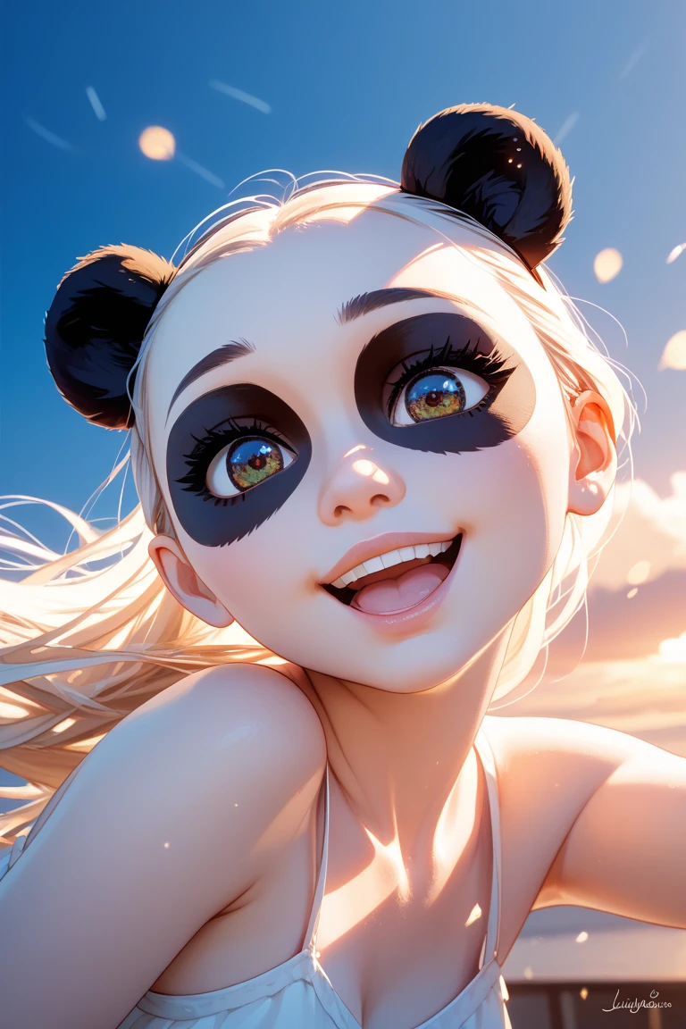 masterpiece, PremiumQuality, Movie Stills, a girl, floats in the air, ​​clouds女孩, ​​clouds, (close-up: 1.1), bright, happy, stas, soft lighting, (bauhause, shape, ligne, Abstract: 1.1), Panda Ears