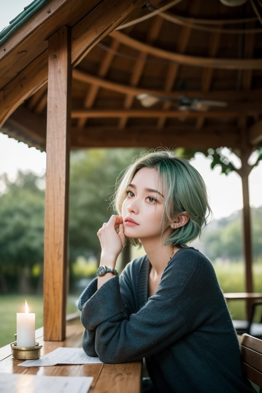 masterpiece, best quality,Ultra fine,Ultra detailed, cinematic optic,, 1girl, alone, Sat down, En plein air, gazebo, Sat downting in the gazebo, vegetative, desks, Chandeliers, waxy candles, ventania, green eyes, Pan-green silver hair, 1 girl with short hair , critters_hor earss, critters_hor ears_fluff, fluttering hair, optic, optic frown, contours,watch the audience, dynamic_angled
