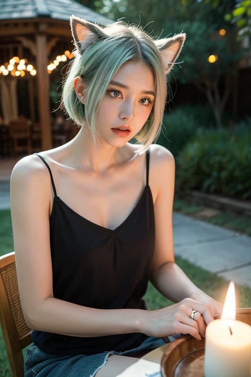 masterpiece, best quality,Ultra fine,Ultra detailed, cinematic optic,, 1girl, alone, Sat down, En plein air, gazebo, Sat downting in the gazebo, vegetative, desks, Chandeliers, waxy candles, ventania, green eyes, Pan-green silver hair, 1 girl with short hair , critters_hor earss, critters_hor ears_fluff, fluttering hair, optic, optic frown, contours,watch the audience, dynamic_angled