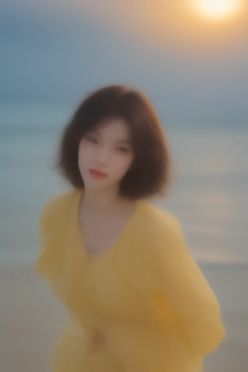 hyper realisitc, 4K, profesional photo, 22 year old girl, Black Girl, Large curls, HDR, detailed facial, medium body shape, yellow dress with flowers, (Open blue shirt), masterpiece, (lamplight), (1 solo), sea beach background, Realistic background, Photorealistic photos