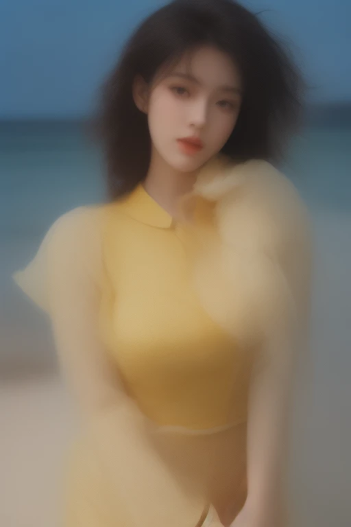 hyper realisitc, 4K, profesional photo, 22 year old girl, Black Girl, Large curls, HDR, detailed facial, medium body shape, yellow dress with flowers, (Open blue shirt), masterpiece, (lamplight), (1 solo), sea beach background, Realistic background, Photorealistic photos