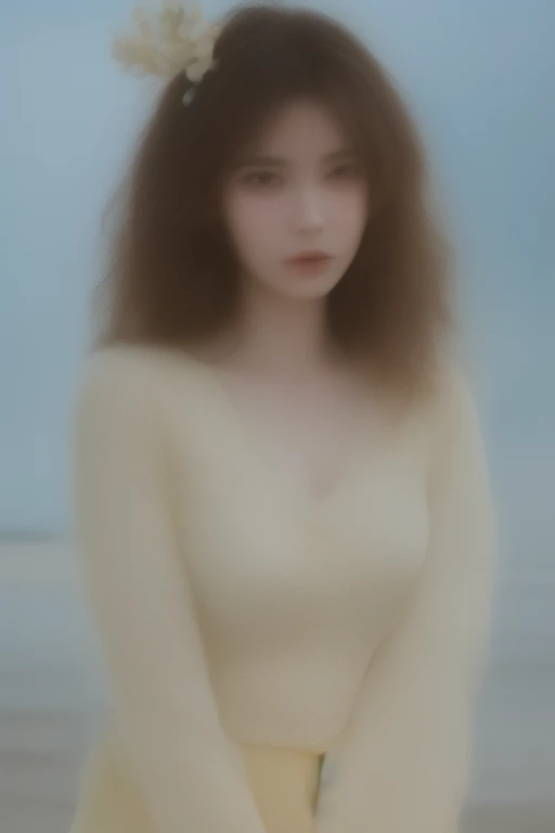 hyper realisitc, 4K, profesional photo, 22 year old girl, Black Girl, Large curls, HDR, detailed facial, medium body shape, yellow dress with flowers, (Open blue shirt), masterpiece, (lamplight), (1 solo), sea beach background, Realistic background, Photorealistic photos