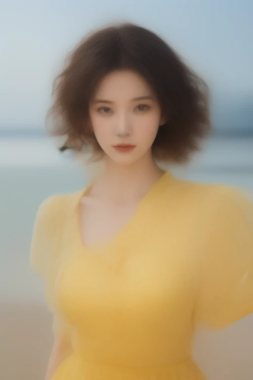 hyper realisitc, 4K, profesional photo, 22 year old girl, Black Girl, Large curls, HDR, detailed facial, medium body shape, yellow dress with flowers, (Open blue shirt), masterpiece, (lamplight), (1 solo), sea beach background, Realistic background, Photorealistic photos