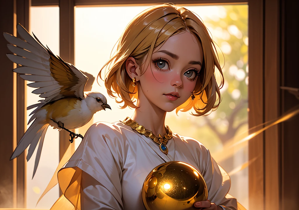 A charming close-up portrait，Showing a beautiful bird，Illuminated by soft golden light on a quiet morning，The bokeh ball gently frames its petite body