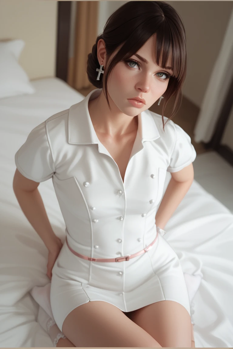 a girl,maidennurse,sitted,Frill socks,Look from above,embarressed,Pouting your lips,Cross wear,masterpiece,Best quality,No censorship