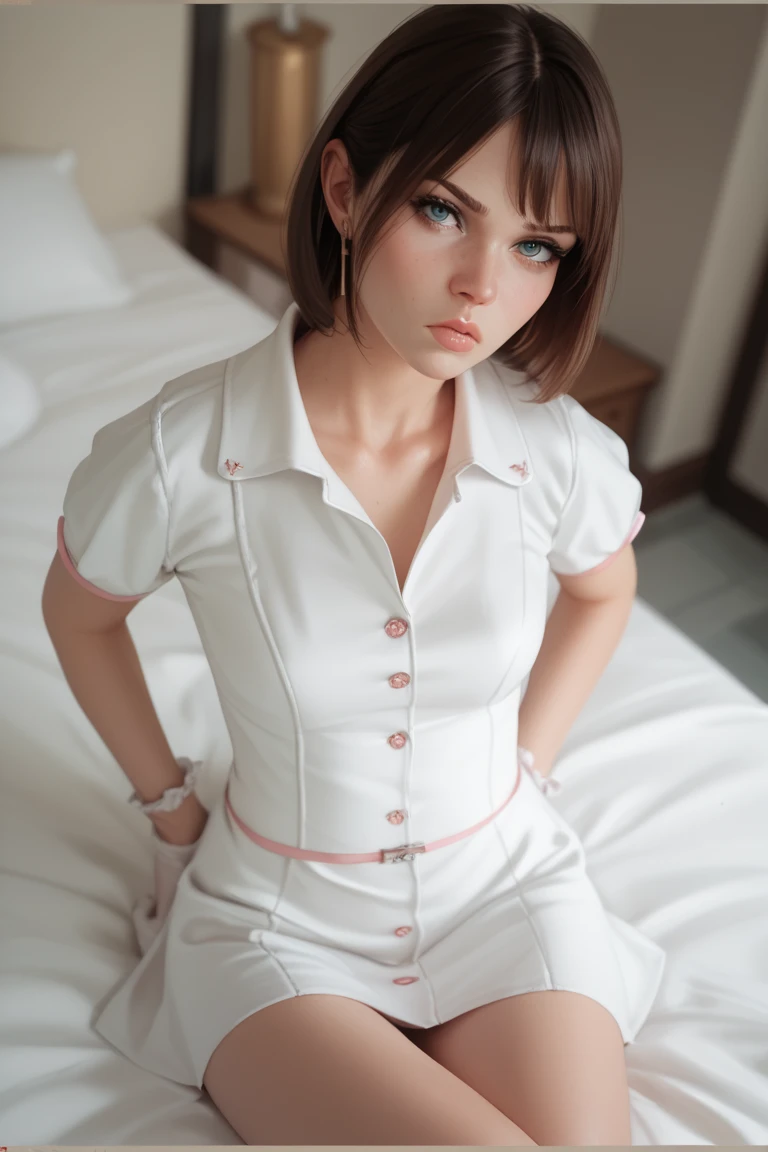 a girl,maidennurse,sitted,Frill socks,Look from above,embarressed,Pouting your lips,Cross wear,masterpiece,Best quality,No censorship