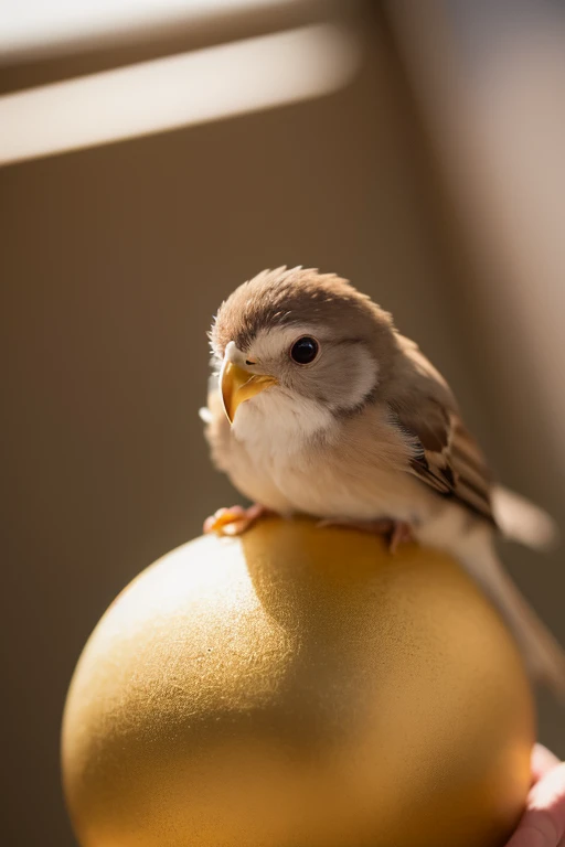 illuminate， illuminate， A charming close-up portrait  ，  showing a beautiful bird  ，A quiet morning ， A soft golden light shines ， A soft bokeh ball gently surrounds its petite body