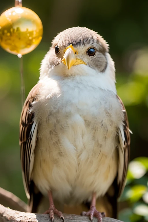 illuminate, illuminate, A charming close-up portrait , showing a beautiful bird ,A quiet morning , A soft golden light shines , A soft bokeh ball gently surrounds its petite body