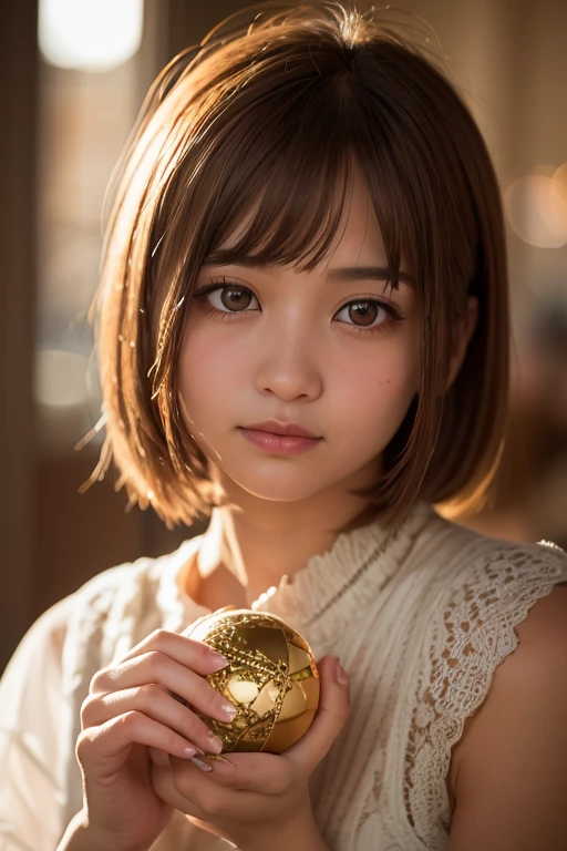 illuminate， illuminate， A charming close-up portrait  ，  showing a beautiful bird  ，A quiet morning ， A soft golden light shines ， A soft bokeh ball gently surrounds its petite body