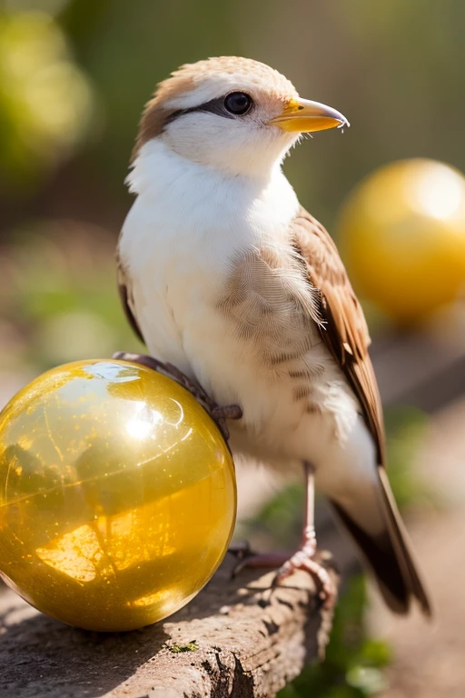 illuminate， illuminate， A charming close-up portrait  ，  showing a beautiful bird  ，A quiet morning ， A soft golden light shines ， A soft bokeh ball gently surrounds its petite body