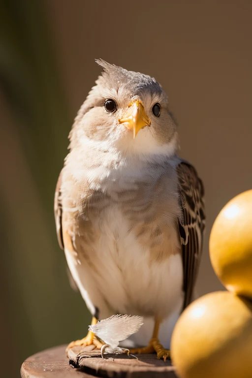 illuminate, illuminate, A charming close-up portrait , showing a beautiful bird ,A quiet morning , A soft golden light shines , A soft bokeh ball gently surrounds its petite body