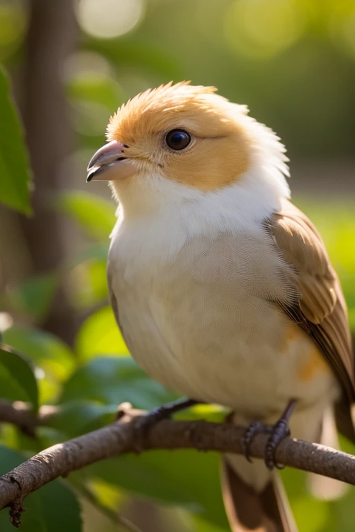 illuminate, illuminate, A charming close-up portrait , showing a beautiful bird ,A quiet morning , A soft golden light shines , A soft bokeh ball gently surrounds its petite body