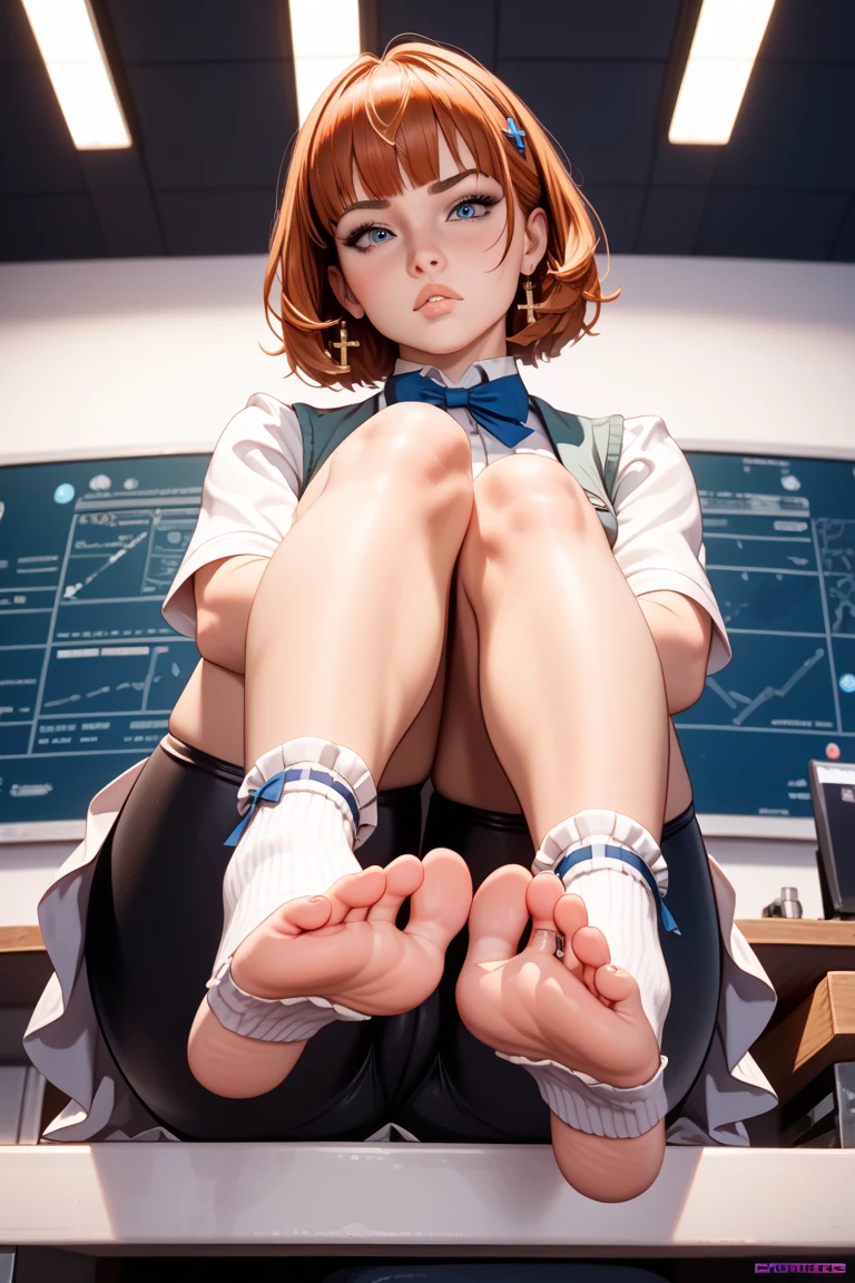 girl,the doctor,sitted,Frill socks,Viewpoint from below,soles of feet,embarressed,Bike Shorts,Pouting your lips,Toeless wear ,Cross wear,masterpiece,Best quality,No censorship,Highly Realistic,4K,8K,Ultra HD,Masterpiece,Extreme Details,Realistic Photography,Physically Based Rendering,professinal,Vivid Colors,Bokeh