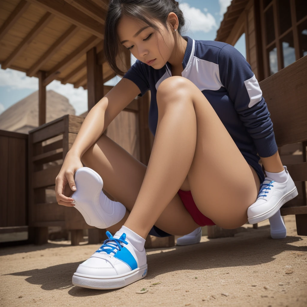 a girl,maidennurse,sitted,Frill socks,Viewpoint from below,soles of feet,embarressed,Bike Shorts,Pouting your lips,Toeless wear ,Cross wear,masterpiece,Best quality,No censorship