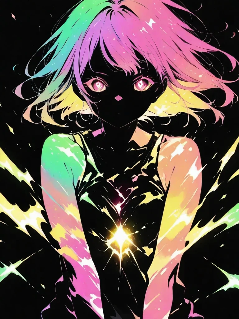 score_9, score_8_up, score_7_up, masterpiece, source_anime,1girl ,Limited Palette , black background, colorful ,Glowing Contours,neon, black light,dynamic motion