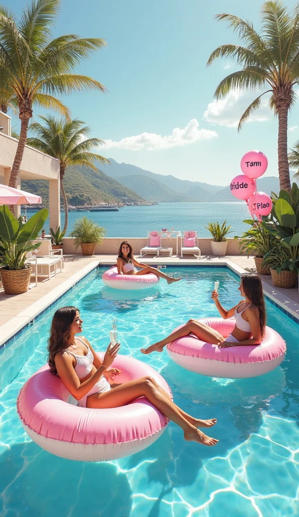 two women in bikinis laying on a pool with a cake, 🐿🍸🍋, greek pool, profile pic, 🕹️ 😎 🚬, youtube thumbnail, 🕹️ 😎 🔫 🤖 🚬, 💋 💄 👠 👗, 😭 🤮 💕 🎀, by Alexis Grimou, paradise in the background, sitting at the edge of pool