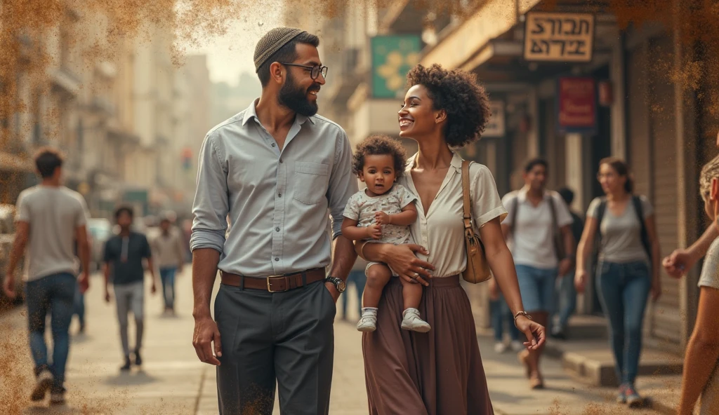 man with beard and women with hijab and child going in Nando's restaurant