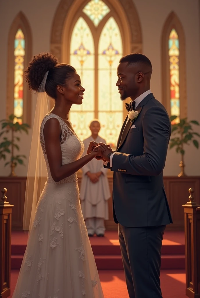 Captain America, holding a bouquet, walked down the aisle in a church wedding, happy.